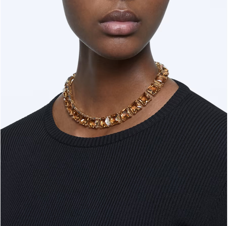 Swarovski 5609705 Millenia Halskette, quadratischer Schliff, gelb vergoldet