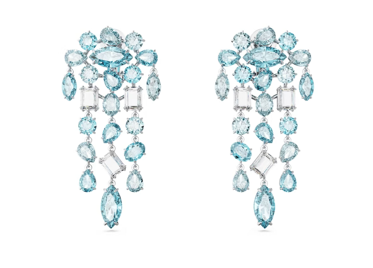 Swarovski 5666015 Gema Ohrclips, gemischter Schnitt, Kronleuchter, extra lang, Blau