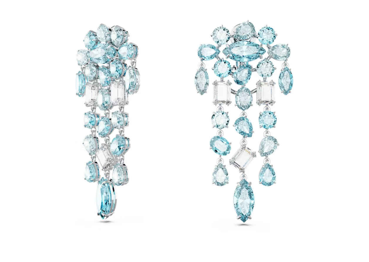 Swarovski 5666015 Gema Ohrclips, gemischter Schnitt, Kronleuchter, extra lang, Blau