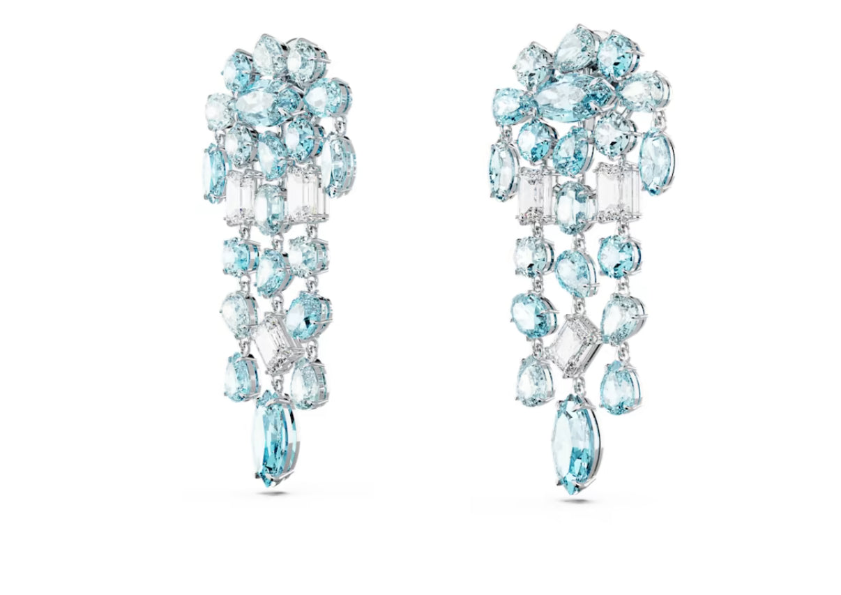 Swarovski 5666015 Gema Ohrclips, gemischter Schnitt, Kronleuchter, extra lang, Blau