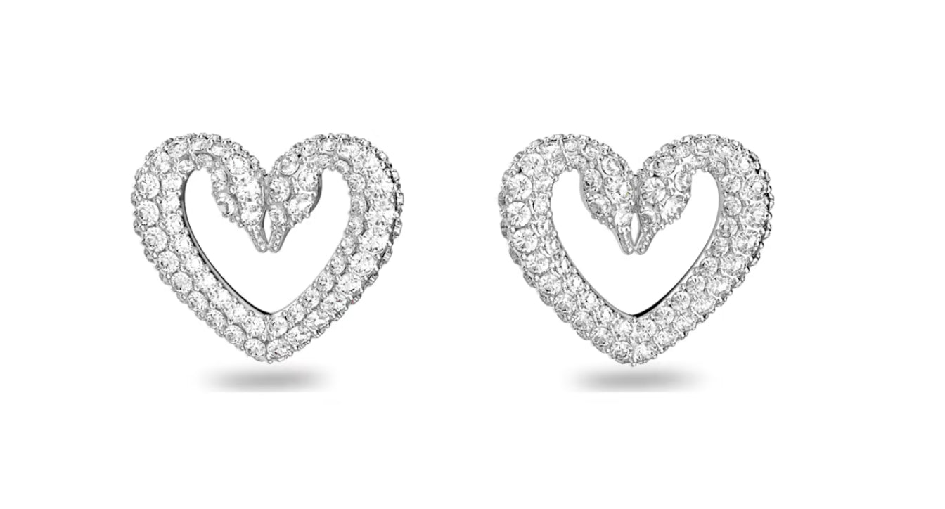 Swarovski 5625535 Mittelgroße weiße Herz-Ohrstecker, rhodiniert