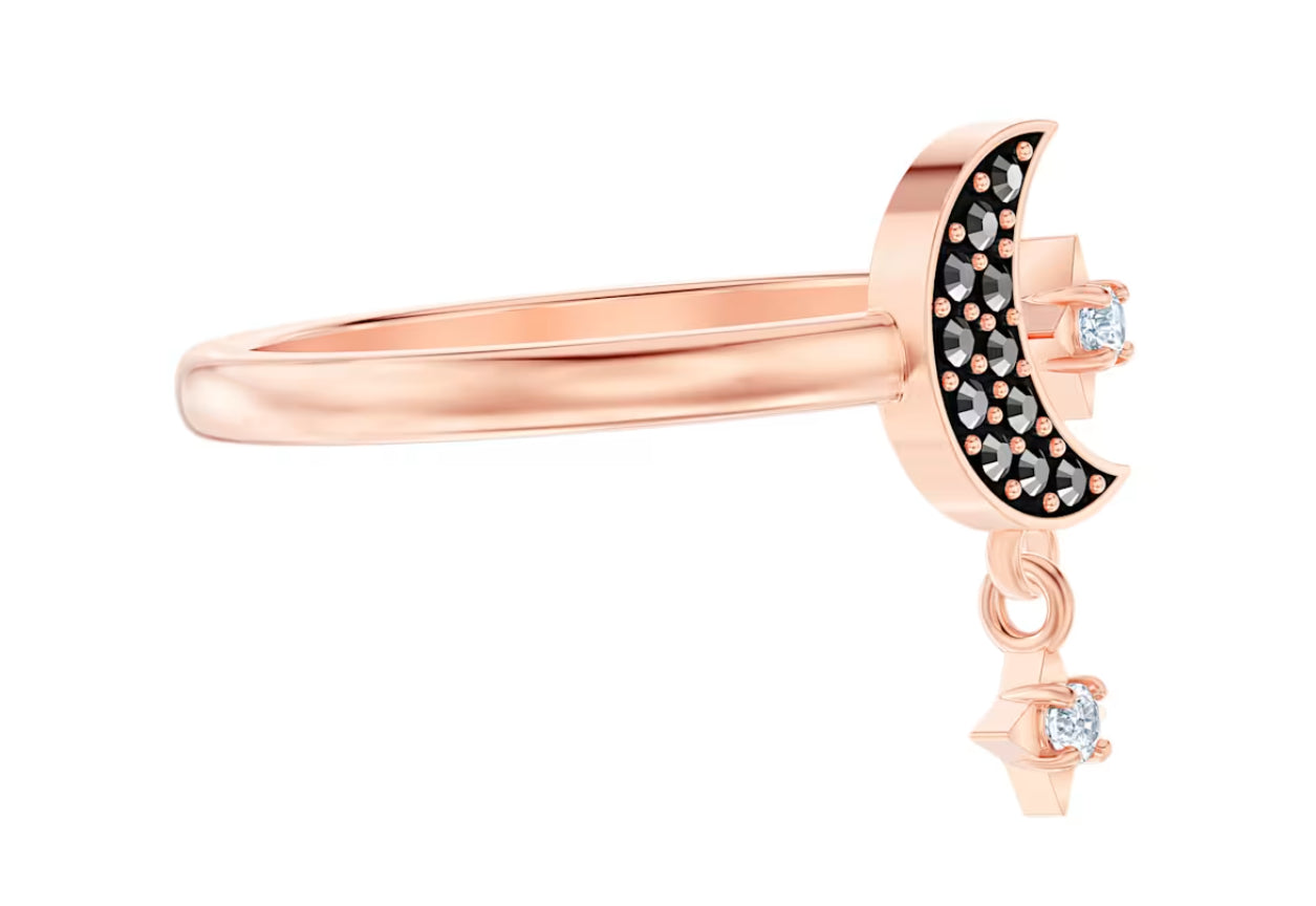 Swarovski 5515668 Symbolic Moon and Star Ring, schwarz, rosévergoldet, Größe 60