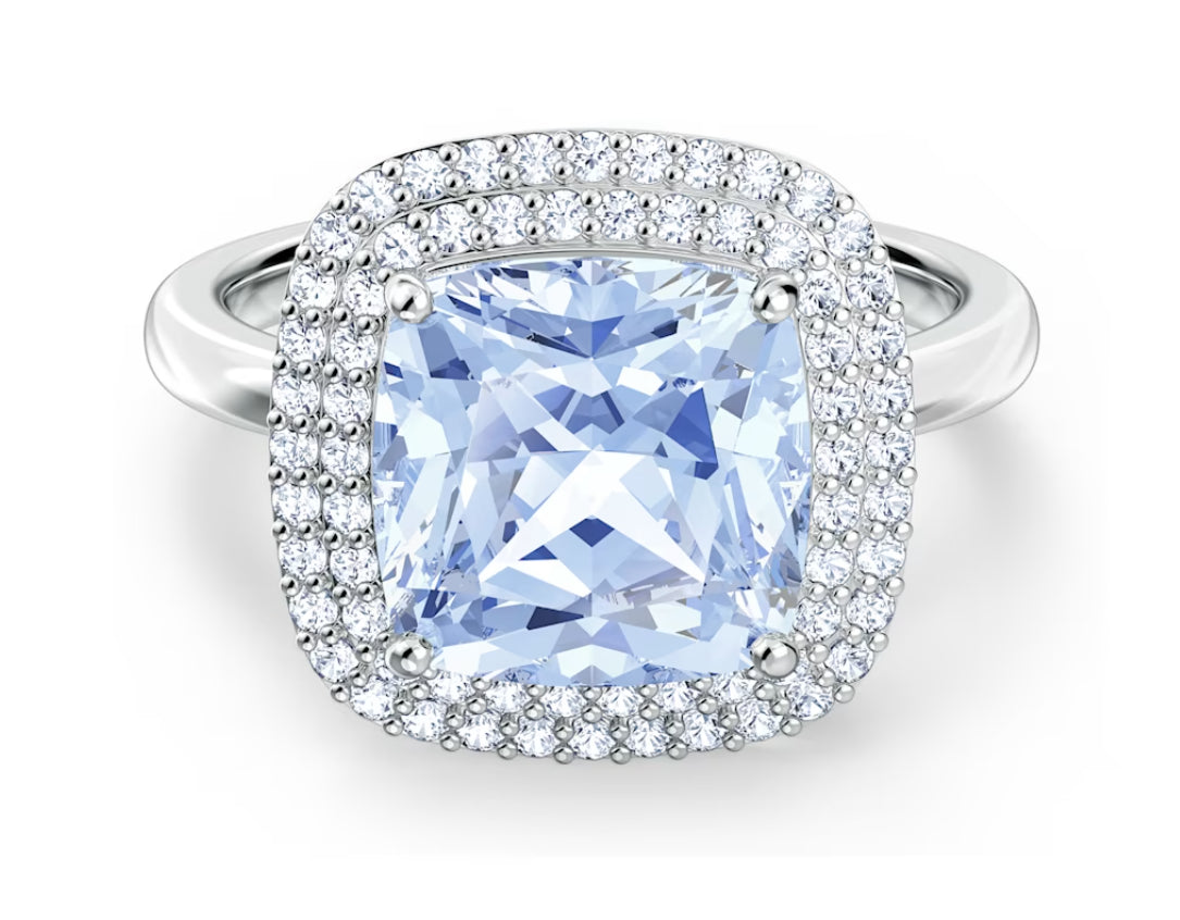 Swarovski 5572636 Angelic Ring Cushion Cut Blue Rhodium Plated Size 52
