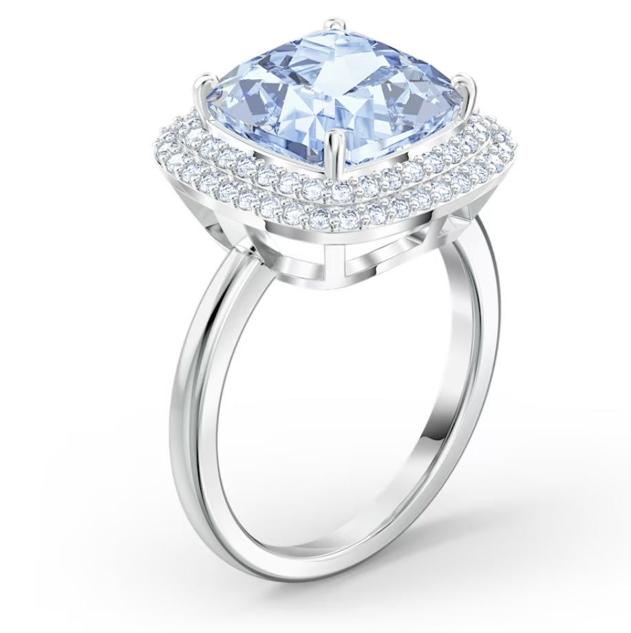 Swarovski 5572636 Angelic Ring Cushion Cut Blue Rhodium Plated Size 52