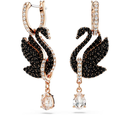 Swarovski 5678047 Swarovski Swan Pendant Earrings Black Rose Gold Plated