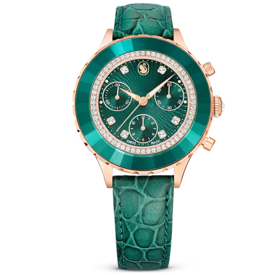 Swarovski 5672931 Octea Chrono Watch Green Rose Gold Leather Strap