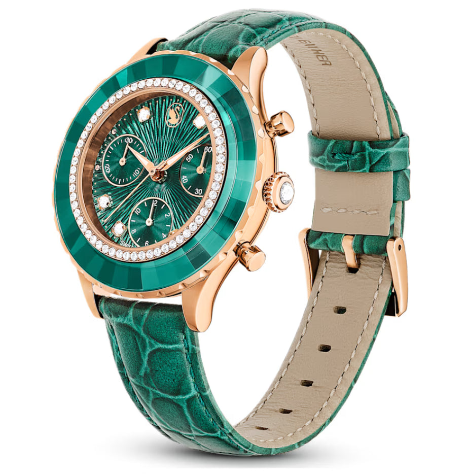 Swarovski 5672931 Octea Chrono Watch Green Rose Gold Leather Strap
