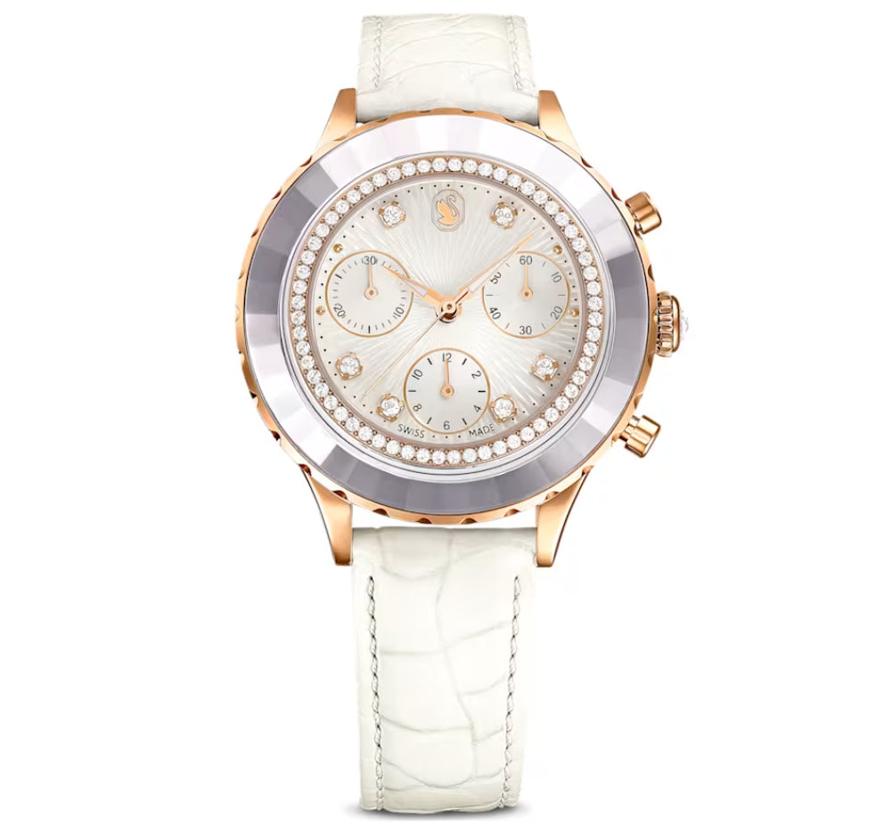 Swarovski 5671150 Octea Chrono Watch Leather Strap White Rose Gold