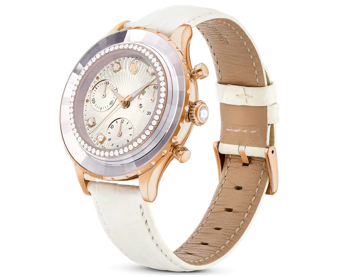 Swarovski 5671150 Octea Chrono Watch Leather Strap White Rose Gold