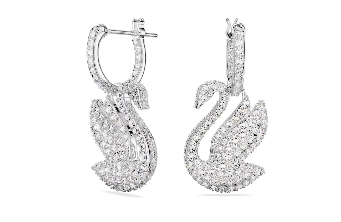 Swarovski 5647545 Orecchini pendenti Iconic Swan Cigno Bianchi Placcato Rodio