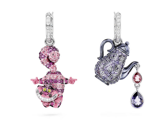 Swarovski 5682806 Alice in Wonderland asymmetric lobe earrings. Cat and teapot